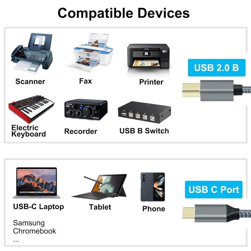 كابل طابعة USB C إلى USB B